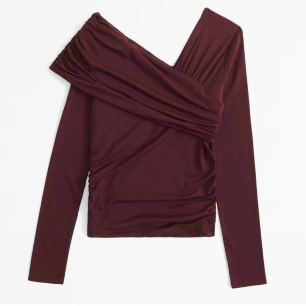 Abercrombie & Fitch Long-Sleeve Off-The-Shoulder Draped Wrap Top Maroon Burgundy